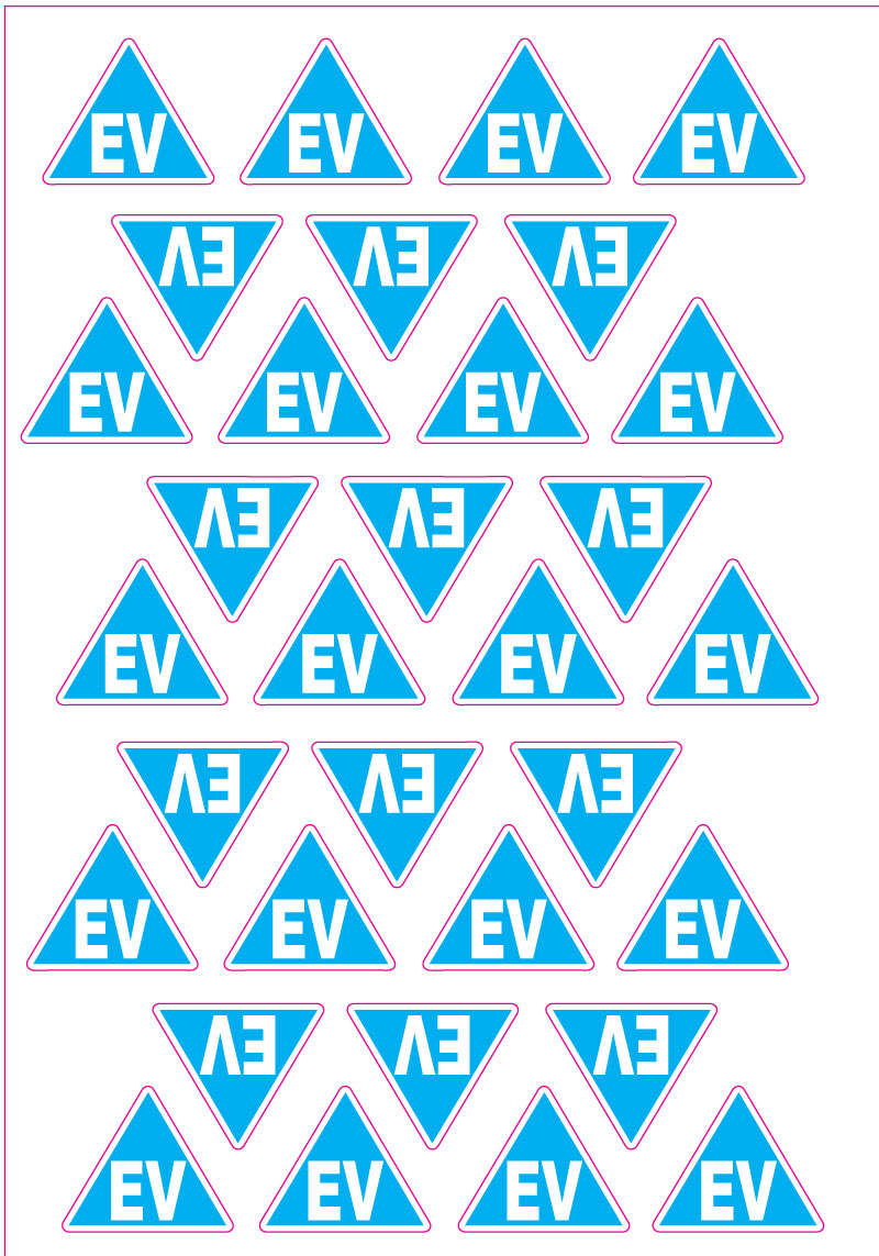 Collection of blue triangular stickers with 'EV' and 'Λ3' symbols on a white background