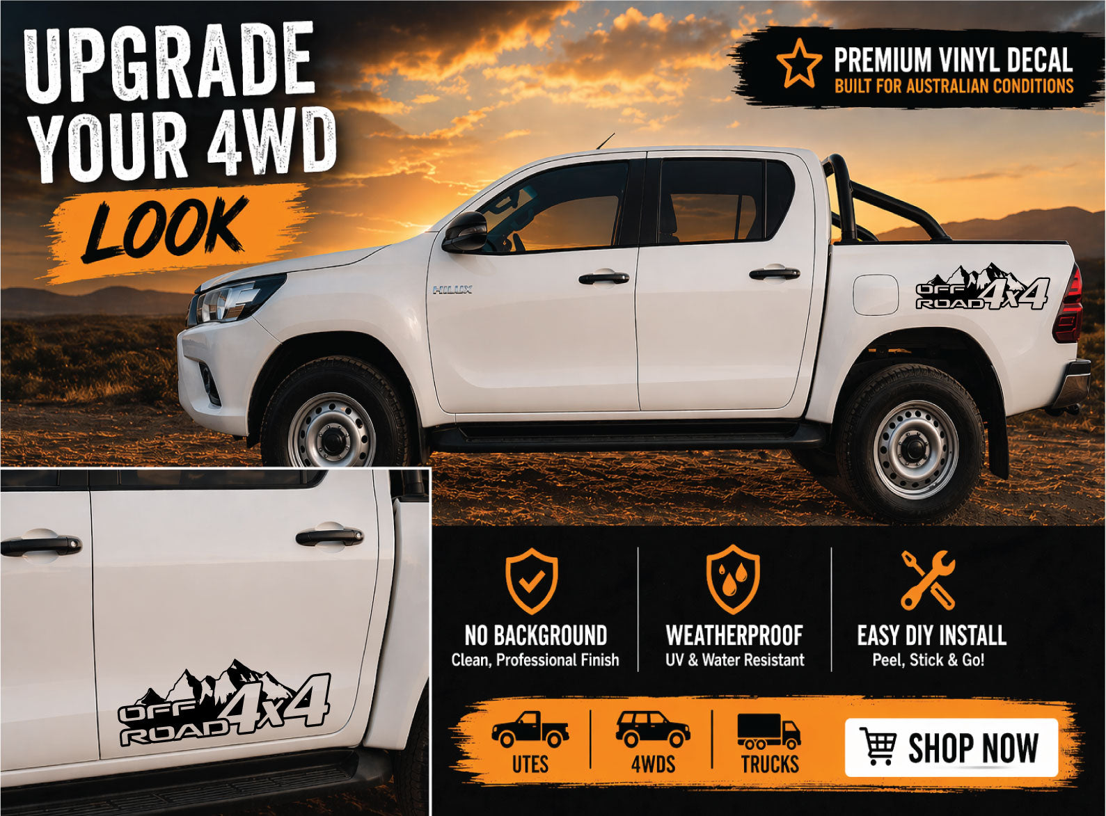 White 4WD vehicle with 'Off Road' decals against a sunset desert background, promotional text for vinyl decals.