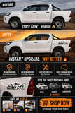 Before and after comparison of a white truck with decals, emphasizing an upgrade.