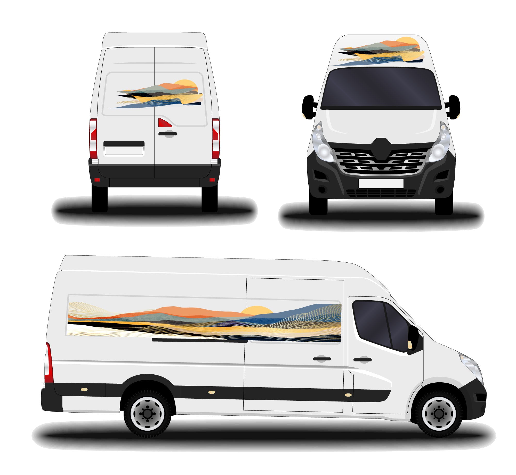 White van shown from front, side, and rear views with a colorful design on a white background.