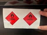 Red Diesel Flammable Warning Sticker, Self Adhesive Safety Sign for Fuel Storage 75mm TWO SHOWN
