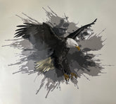Beautiful decal featuring a white head eagle with wings expanded and claws out on a grey splatter background effect