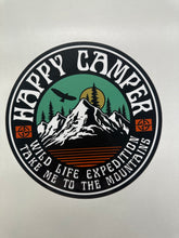 Circular decal with 'Camper Happy' text and nature-themed illustrations for vehicle