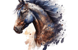 Watercolor-style artwork of a horse head in profile, rendered in blue, brown, beige, and black tones with expressive paint splashes on a white background.