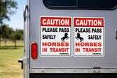Horse float safety sticker decal caution horses in transit pass safely applied to horse trailer
