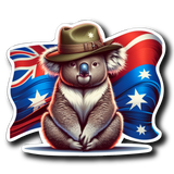 Sticker of a koala wearing an army hat with an Australian flag in the background