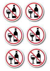 Set of six no drinking signs with bottles and wine glasses crossed out.