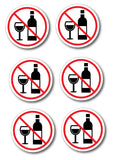 Set of six no drinking signs with bottles and wine glasses crossed out.