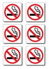 Set of six no smoking signs with red circles and red lines on a white background.
