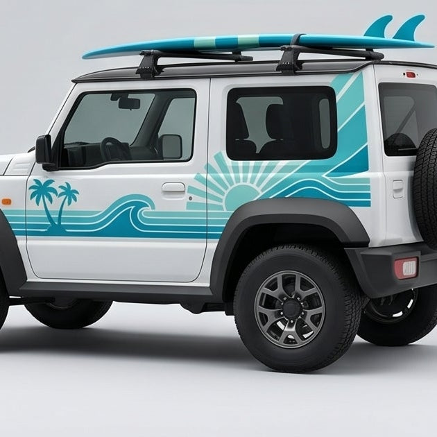 Ocean blue surf decals on white Suzuki Jimny