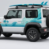 Ocean blue surf decals on white Suzuki Jimny