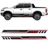 A set of two images, the top one showing a 4WD ute with a performance decal kit applied to the side, featuring black and red stripes with the word 'PERFORMANCE' prominently displayed. The bottom image shows the decal kit alone, with a pattern of black and red stripes and the word 'PERFORMANCE' in a stylized font.