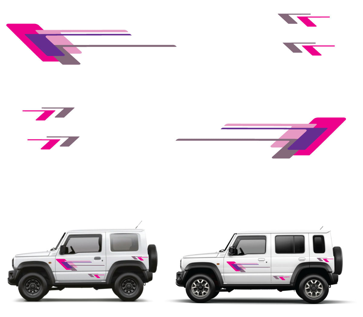 White SUV with pink and purple decal designs on a white background