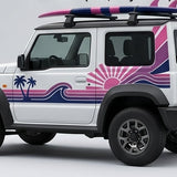 Pink and Blue Ocean decals on white Suzuki Jimny