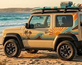 Beige SUV with custom decals on a beach, promotional text for retro-style custom decals.