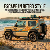 Beige SUV with custom decals on a beach, promotional text for retro-style custom decals.