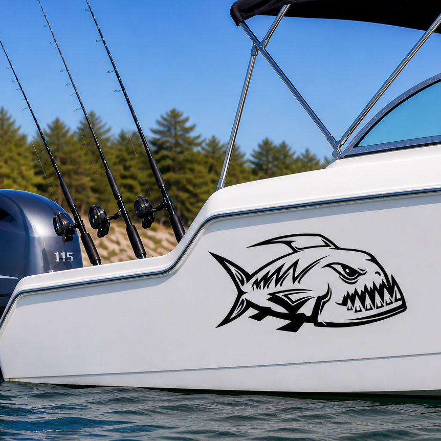 Boat on water with a fish decal and Yamaha motor, surrounded by trees.