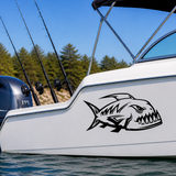 Boat on water with a fish decal and Yamaha motor, surrounded by trees.