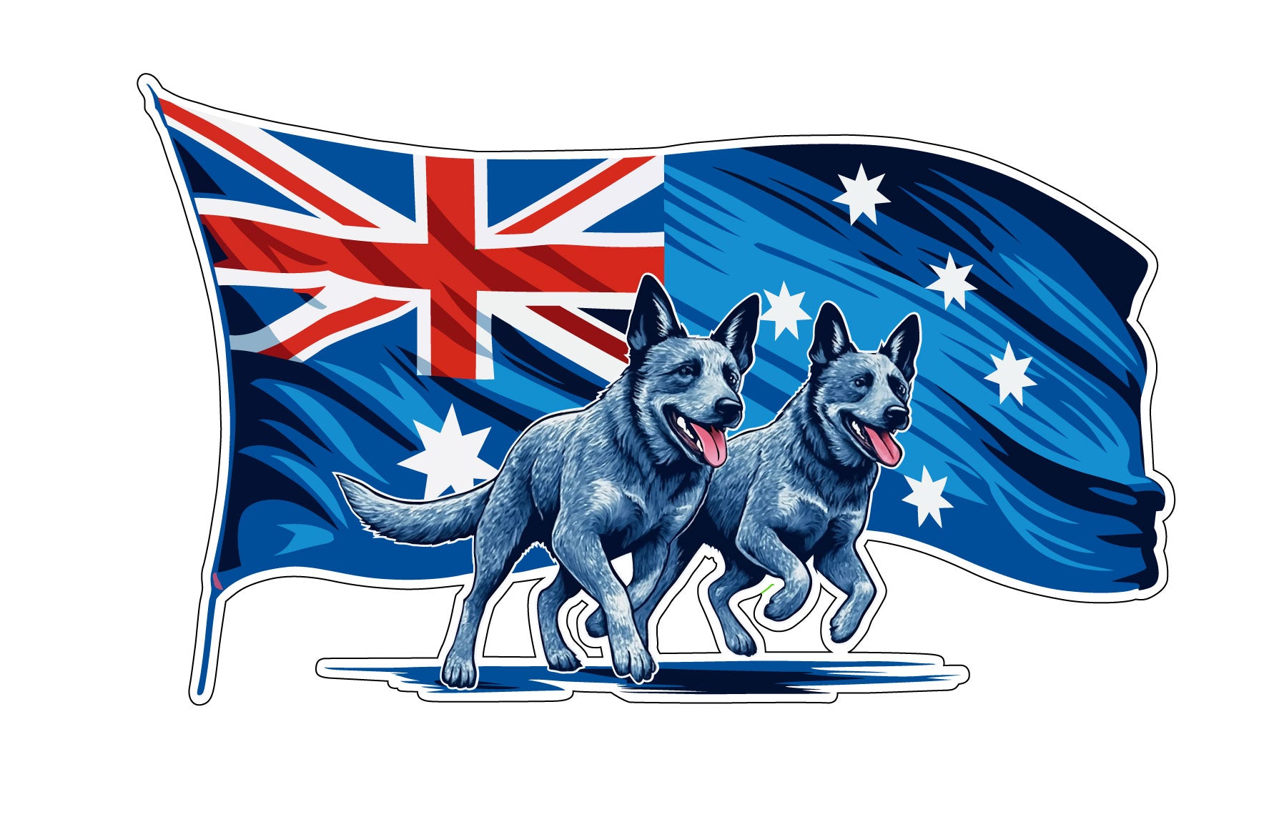 Decal of Two Blue Heeler dogs in front of an Australian flag