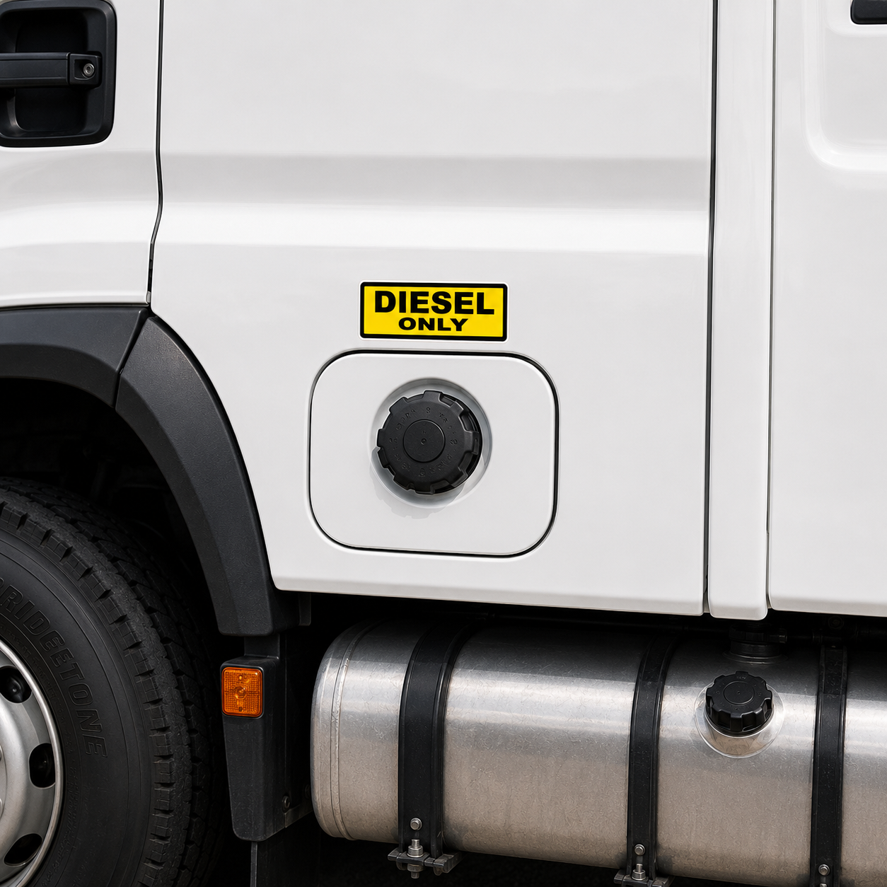 Large Diesel Only fuel identification sticker applied above a truck fuel tank