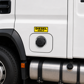 Large Diesel Only fuel identification sticker applied above a truck fuel tank