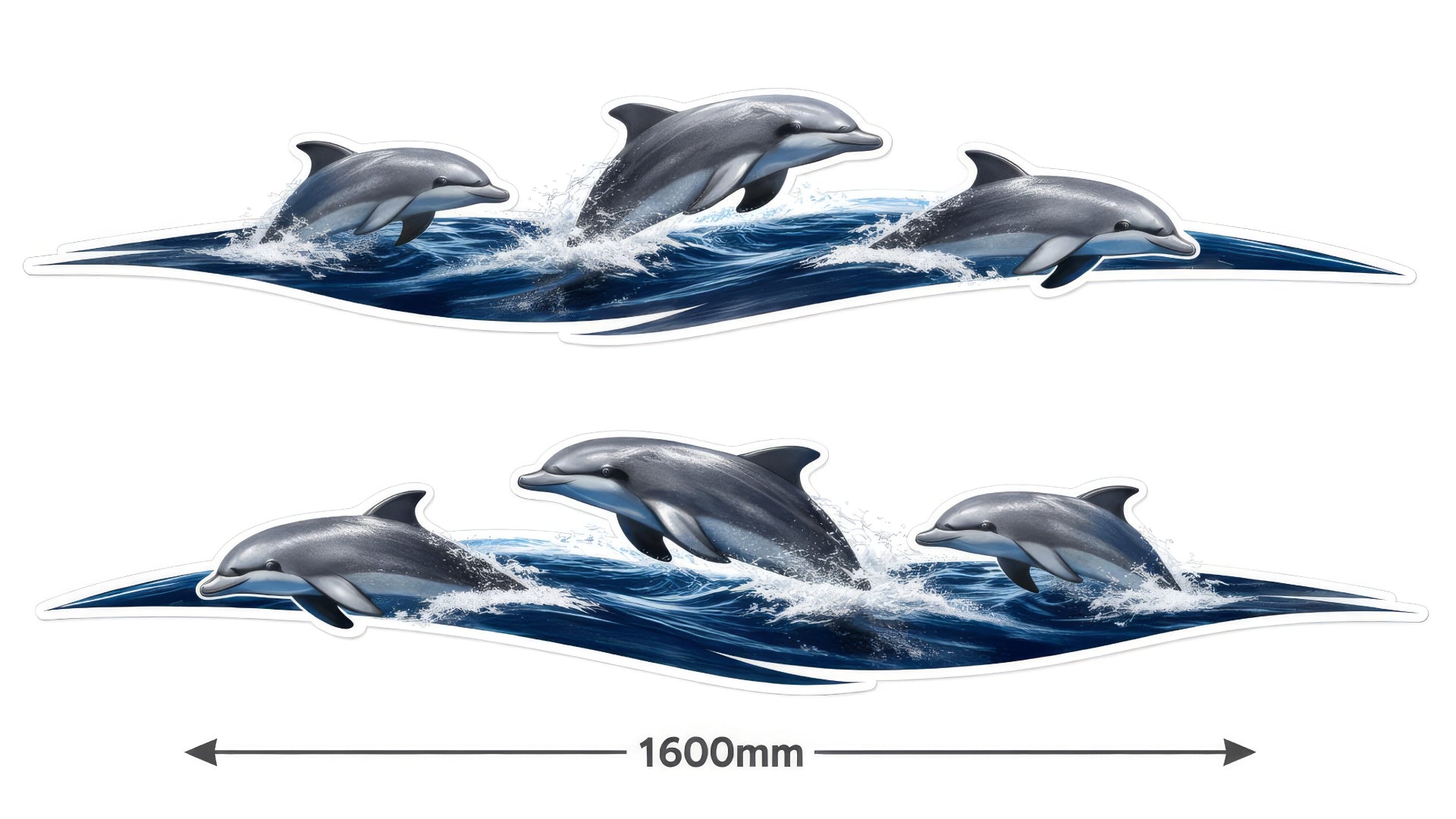 Two decorative decals of dolphins on a wave