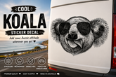 Sticker decal of a koala wearing sunglasses on a car, with promotional text and icons.