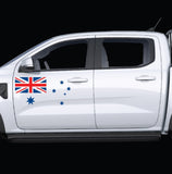 Mega Sticker Store Australian flag and Southern Cross vinyl decal applied to the side of a white 4WD ute