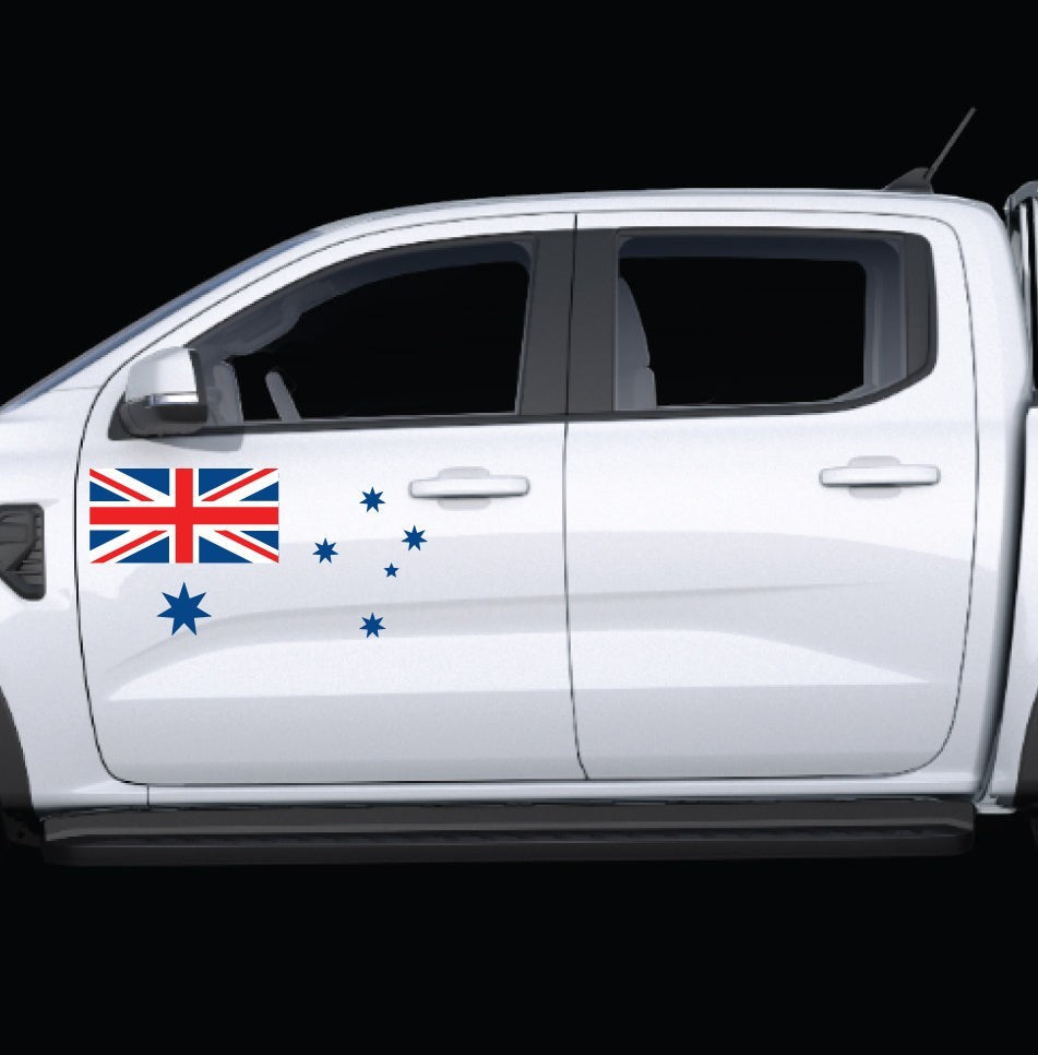 Mega Sticker Store Australian flag and Southern Cross vinyl decal applied to the side door of a white 4WD ute