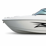 Mega Sticker Store black racing stripe vinyl decal applied to the side of a white motorboat hull