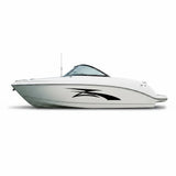 Mega Sticker Store black racing stripe vinyl decal applied to the side of a white speed boat for a sporty look.