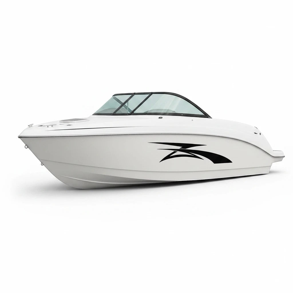 Mega Sticker Store black racing stripe vinyl decal applied to the side of a white motorboat