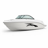 Mega Sticker Store black racing stripe vinyl decal applied to the side of a white motorboat