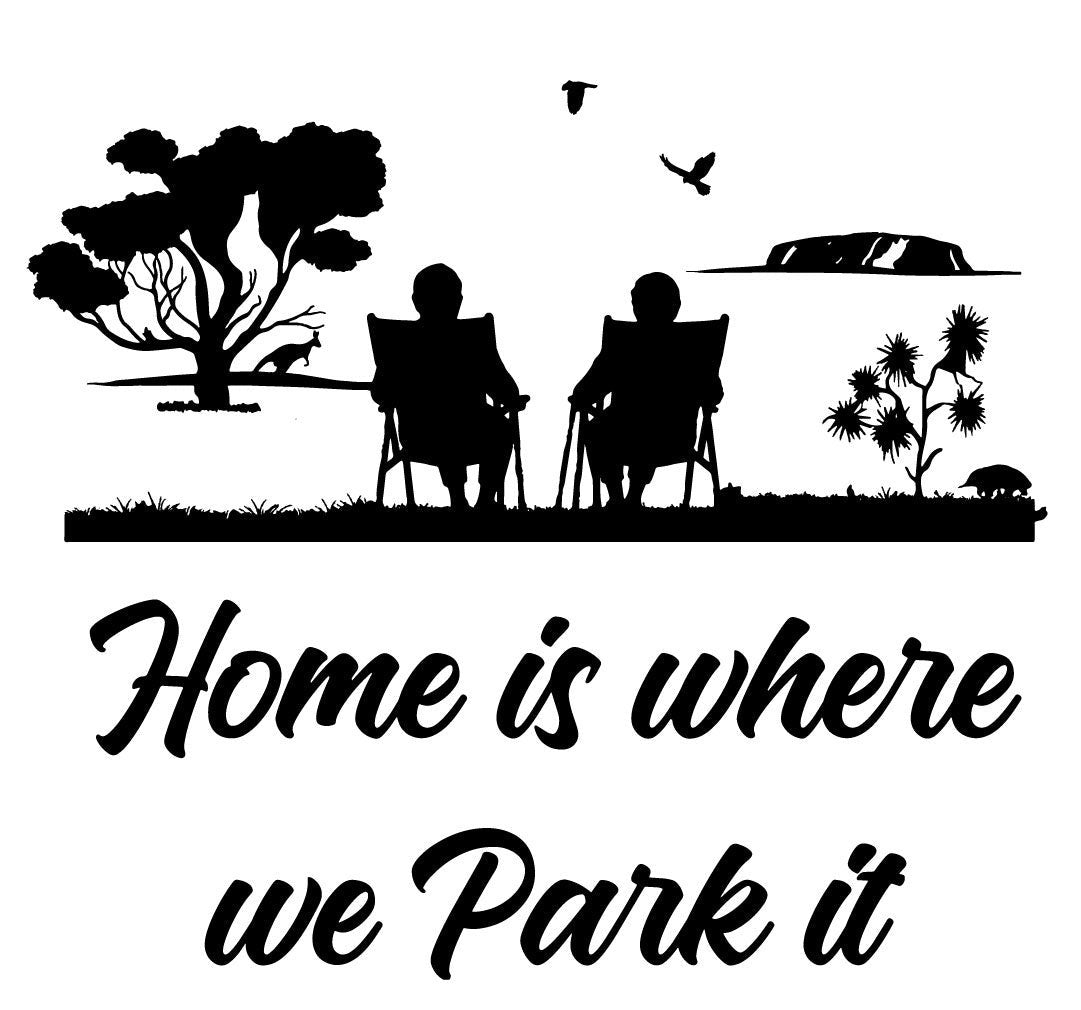 Mega Sticker Store black vinyl decal featuring a couple in chairs, a tree, and the text Home is where we park it.
