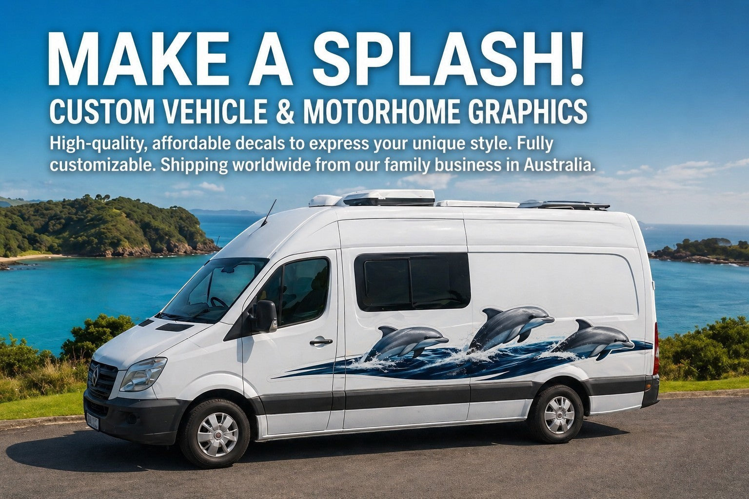 Mega Sticker Store dolphin stripe vinyl decal applied to the side of a white campervan parked by the ocean.