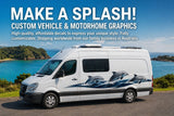 Mega Sticker Store dolphin stripe vinyl decal applied to the side of a white campervan parked by the ocean.
