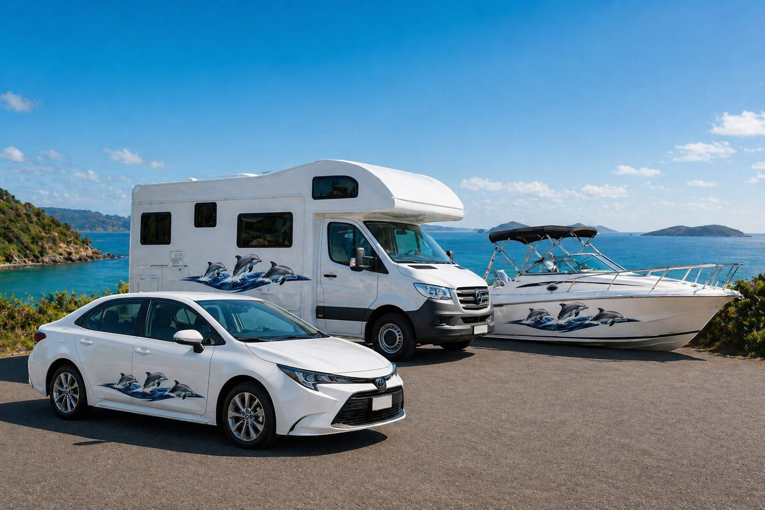 Mega Sticker Store dolphin stripe vinyl decals applied to a white car, motorhome, and boat by the coast.