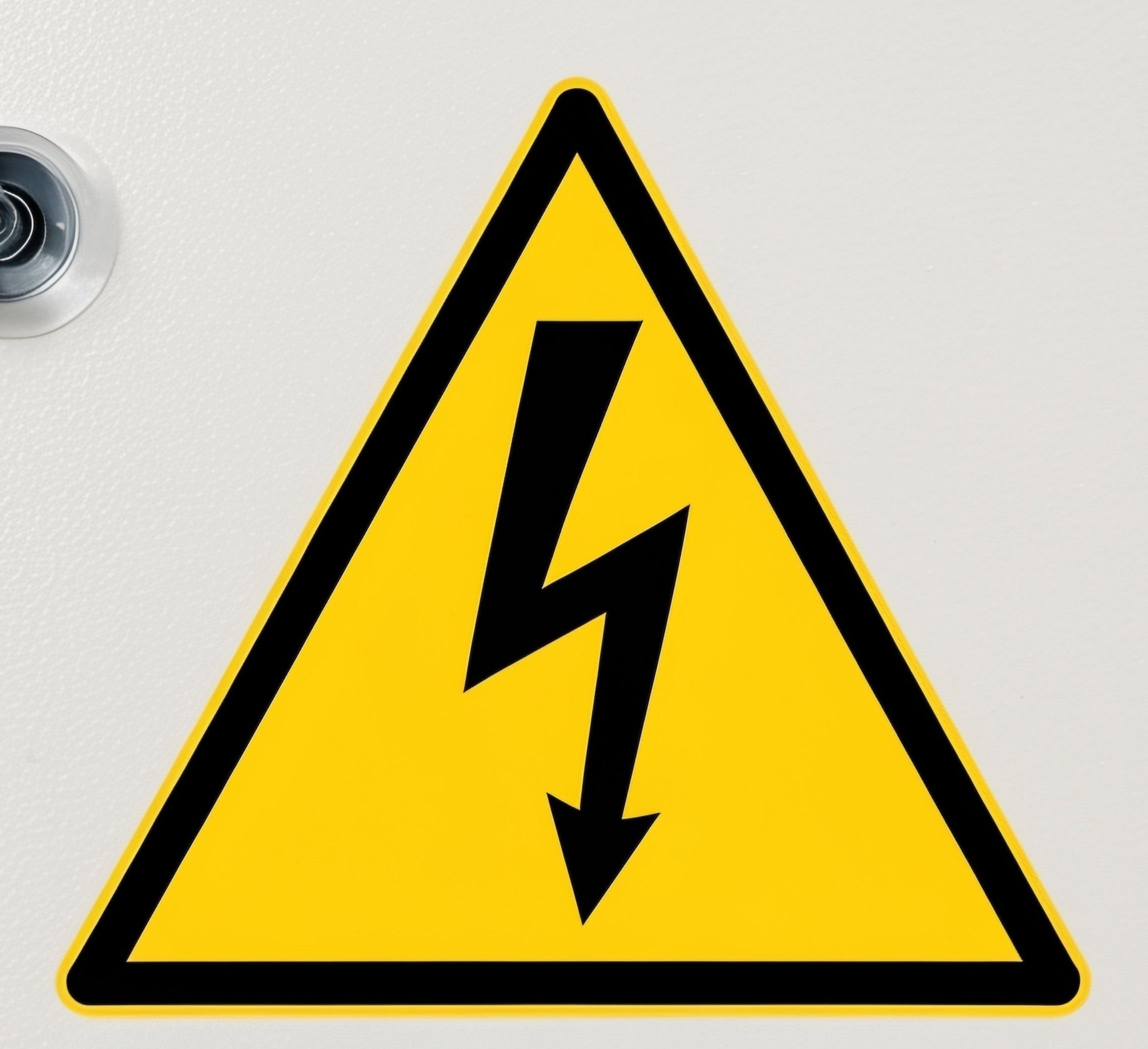 Mega Sticker Store pack of 5 yellow and black triangular ISO electricity warning safety stickers, 100mm diameter.