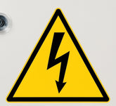 Mega Sticker Store pack of 5 yellow and black triangular ISO electricity warning safety stickers, 100mm diameter.
