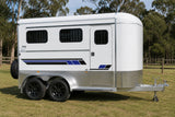 Mega Sticker Store horse float side stripe decals in blue and black vinyl applied to a white trailer exterior.