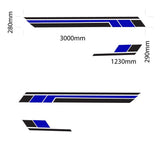 Mega Sticker Store blue and black vinyl side stripe decals for horse floats and trailers with dimension labels