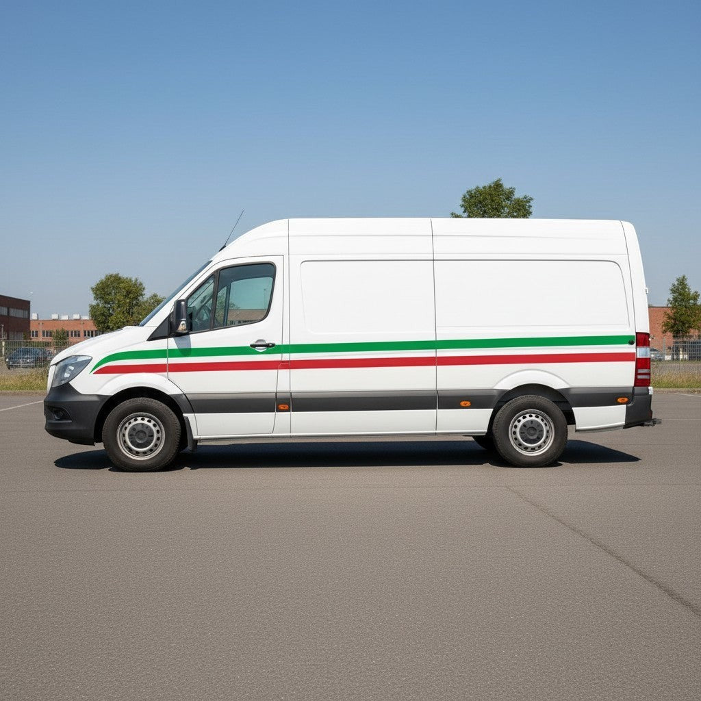 Mega Sticker Store Italian flag pinstripe decal applied to the side of a white commercial van
