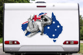 Mega Sticker Store koala Australia flag map vinyl decal with Southern Cross stars applied to a white caravan rear
