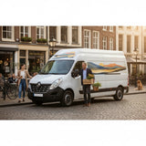 Mega Sticker Store abstract landscape vinyl decal on a white camper van parked on a cobblestone city street