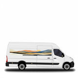 Mega Sticker Store abstract landscape vinyl stripe decal on a white camper van with retro earth-tone mountain design.