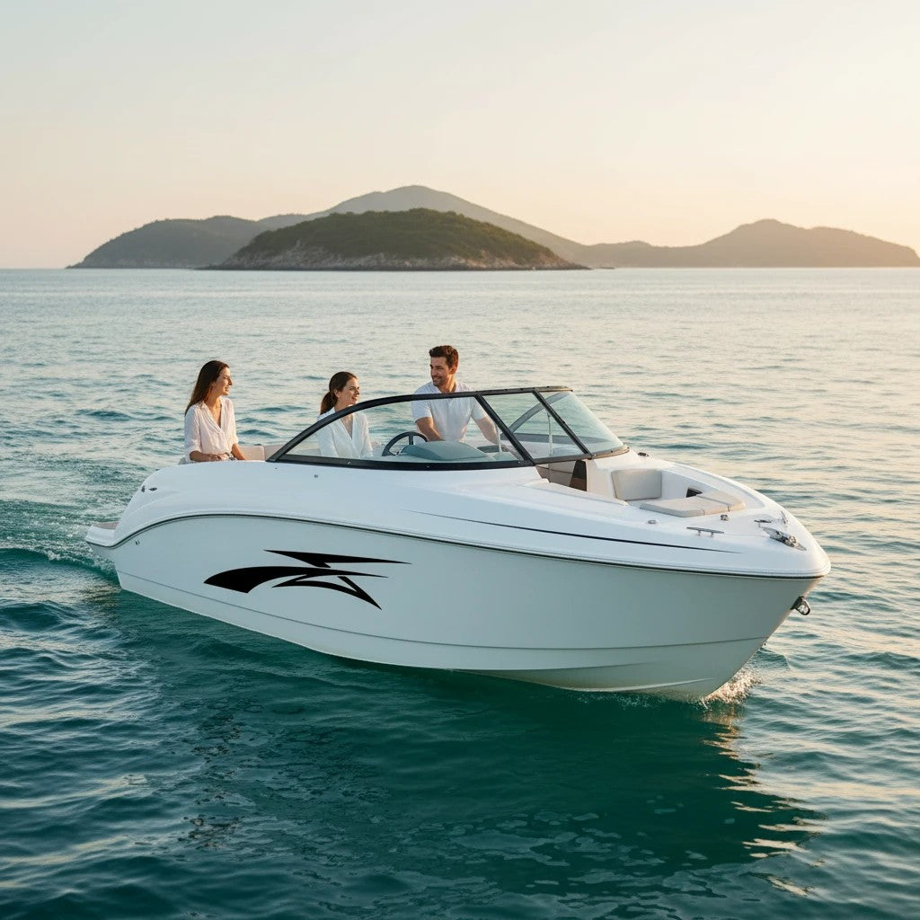 Mega Sticker Store black racing stripe decal applied to the side of a white motorboat cruising on calm water