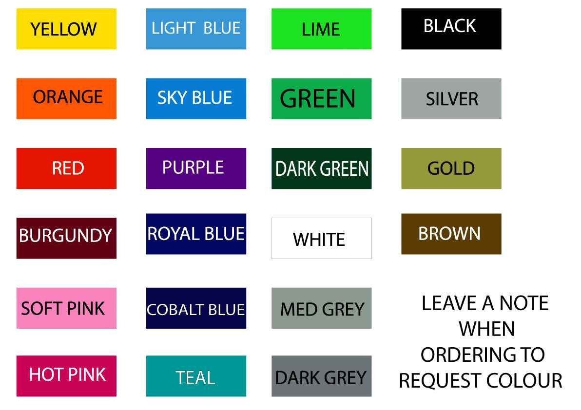 Mega Sticker Store universal racing stripe decal kit colour chart showing various vinyl sticker colour options