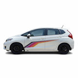 Mega Sticker Store universal racing stripe decal in colourful pinstripe design applied to a white hatchback car