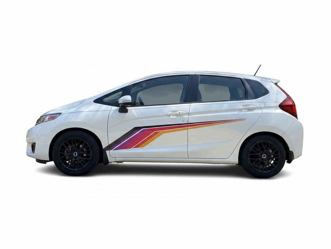 Mega Sticker Store universal racing stripe decal in colourful pinstripe design applied to the side of a white car.