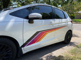 Mega Sticker Store universal racing stripe decal in colourful retro pinstripe design applied to a white car side.
